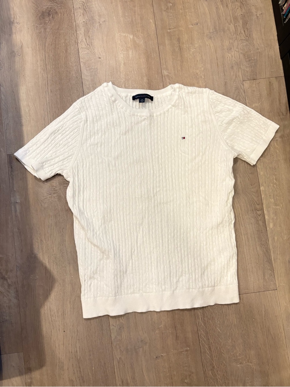 Tommy Hilfiger White Cable-Knit Short Sleeve Sweater